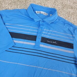 Travis Mathew Mens Medium Blue Black Striped Performance Stretch Golf Polo SS
